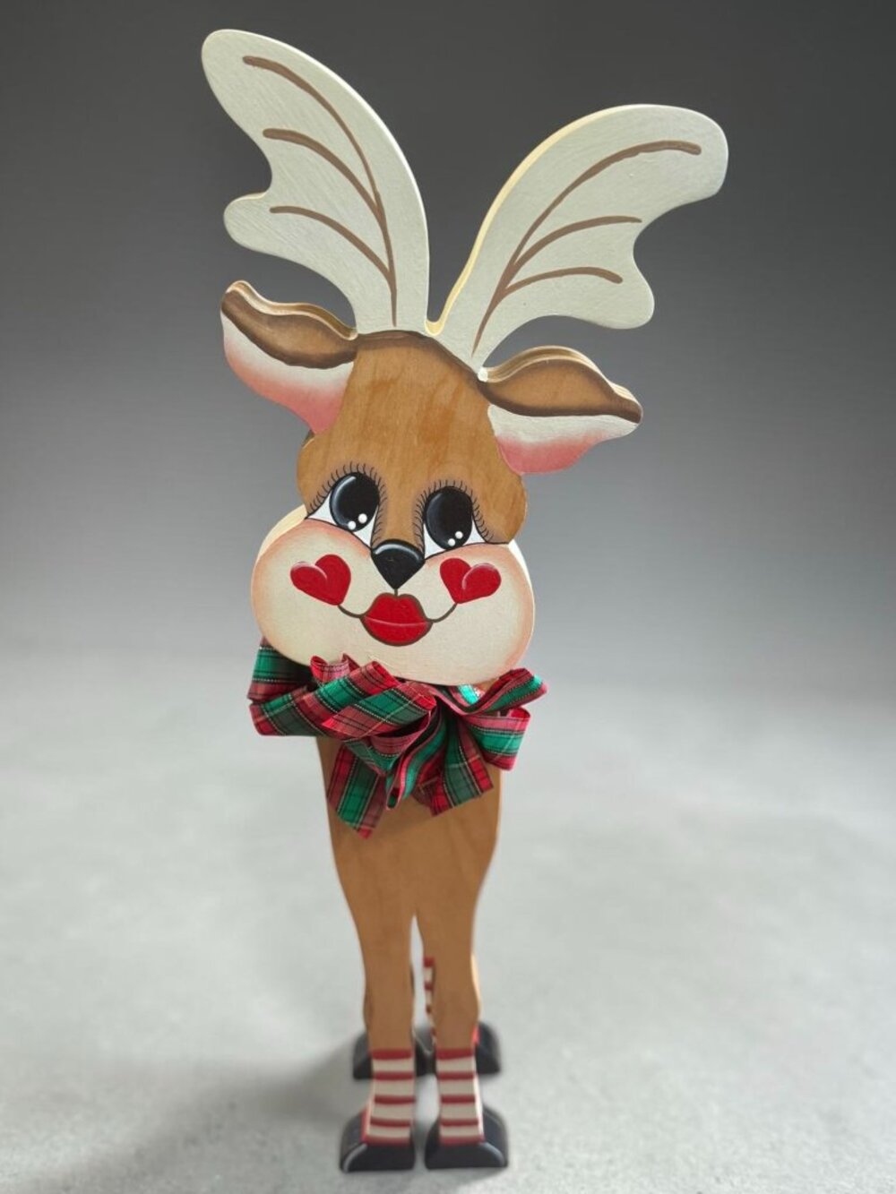 Handcrafted Wooden Reindeer Decoration With Plaid Bow & Striped Legs